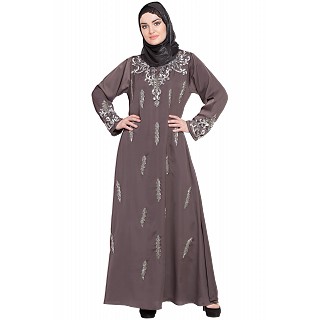 Designer Embellished Nida abaya- Ash Brown